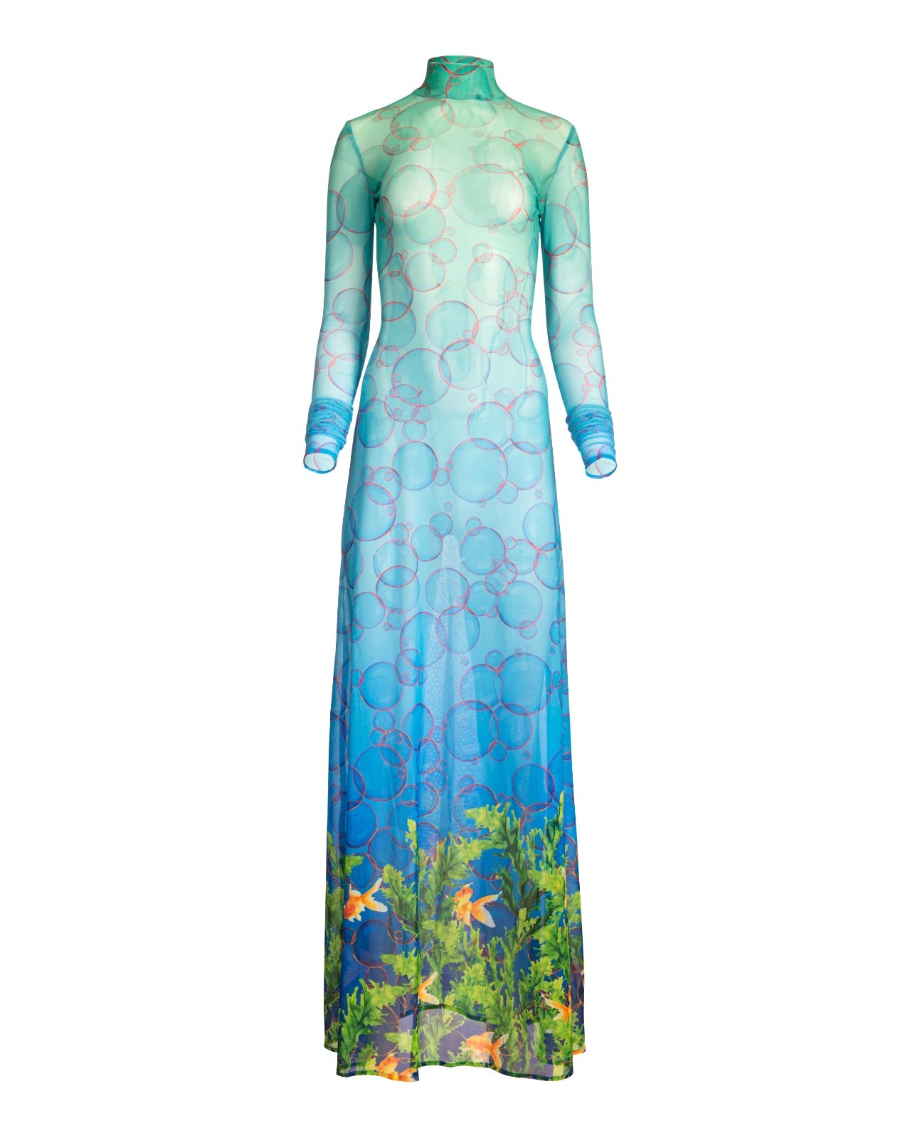 Blue Green Bubble Turtleneck Seaweed Mesh Dress Blue Green Bubble Turtleneck Seaweed Mesh Dress